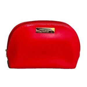 Salvatore Ferragamo Makeup Cosmetics Bag Vibrant Red Vegan Leather Zipper Close